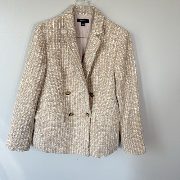 ANN TAYLOR Blazer Tweed Jacket Size 8 Tan White Plaid Stripe Double Breasted - Picture 1 of 5